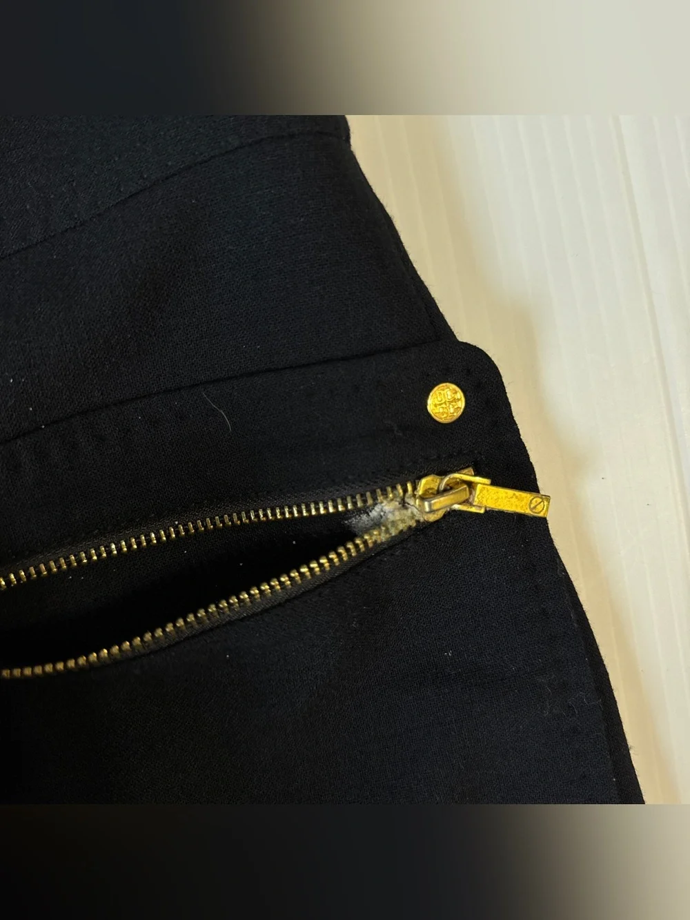 Tory Burch Black Wool Blend Utility Shift Dress Gold Zip Pockets Quiet Luxury 8